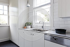 White and charcoal new renovated galley style kitchen