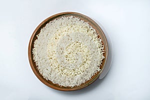 White chawal (rice) on white background. top view