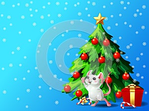 White cheerful mouse in box ang fir tree on blue gorizontal