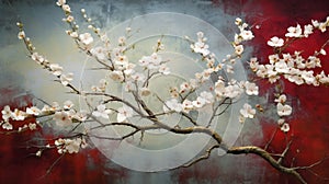 White Cherry Blossom Painting In Moody Tonalism Style