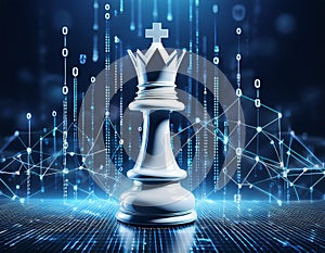 White Chess King with Blurred Binary Data and Computer Network on Dark Blue Background