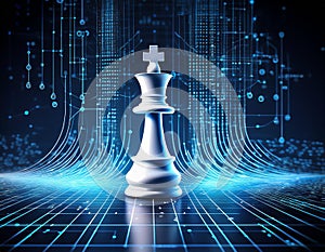 White Chess King with Blurred Binary Data and Computer Network on Dark Blue Background