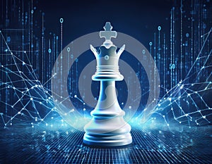 White Chess King with Blurred Binary Data and Computer Network on Dark Blue Background