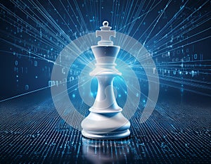 White Chess King with Blurred Binary Data and Computer Network on Dark Blue Background