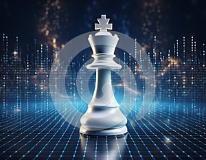 White Chess King with Blurred Binary Data and Computer Network on Dark Blue Background