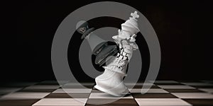 White chess king broken by a black pawn, on a chessboard. 3d illustration