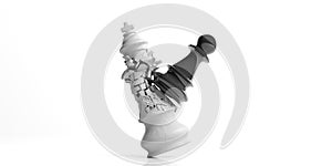 White chess king broken by a black pawn, isolated on white background. 3d illustration