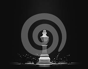 White chess king among lying black pawns. 3D render illustration in vintage style with noise.