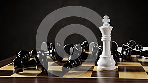 White chess king among lying black pawns on a chessboard. 3D rendering illustration.