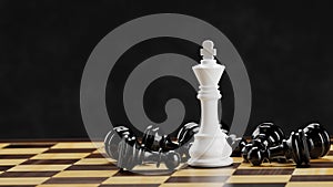 White chess king among lying black pawns on a chessboard. 3D rendering illustration.