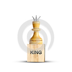 White Chess King, on a wooden block. Isolated on a white background. The game. Training. Education.