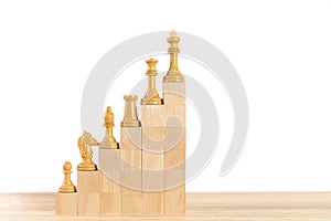 White chess pieces on a wooden block staircase