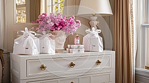 a white chest of drawers adorned with a bottle of pink flowers, a stylish lamp, and gift bags and boxes with delicate