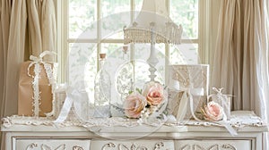 a white chest of drawers adorned with a bottle of pink flowers, a stylish lamp, and gift bags and boxes with delicate