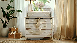 a white chest of drawers adorned with a bottle of pink flowers, a stylish lamp, and gift bags and boxes with delicate