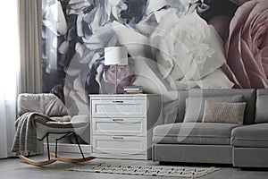 White chest of drawers in living room. Interior design