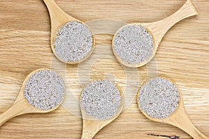 White chia seeds in wooden spoons