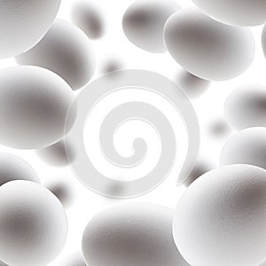White chicken eggs levitate on a white background