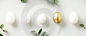 White chicken eggs with one golden egg flat lay top view banner