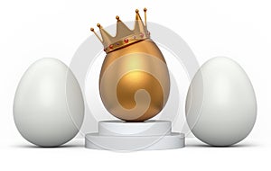 White chicken eggs in row and unique gold egg in royal king crown on podium