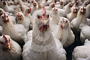 White chickens cooped up in stable in intensive animal farming