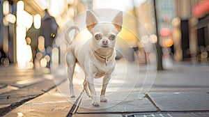 a white Chihuahua gracefully walking through the bustling streets of a modern city, exuding elegance and companionship