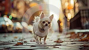 a white Chihuahua gracefully walking through the bustling streets of a modern city, exuding elegance and companionship