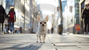 a white Chihuahua gracefully walking through the bustling streets of a modern city, exuding elegance and companionship