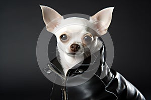 White chihuahua portrait in black leather jacket