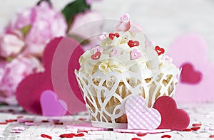 White Chocolate Cupcake with Hearts and Flowers