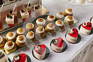 White and chocolate desserts with fruits and crem,  cupcakes on stand, modern sweet table at wedding or baby shower. Luxury