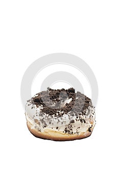 White chocolate glazed doughnut with chocolate sprinkle on top on white background.