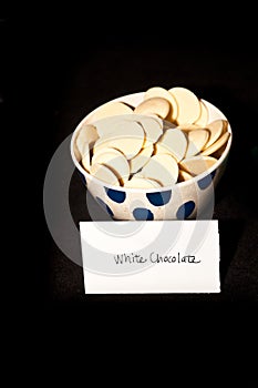 White chocolate spuds in a ceramic cup