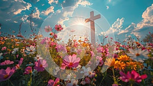 a white Christian cross adorned with vibrant spring flowers against a backdrop of a beautiful sun-kissed sky.