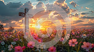 a white Christian cross adorned with vibrant spring flowers against a backdrop of a beautiful sun-kissed sky.