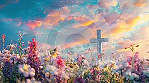 a white Christian cross adorned with vibrant spring flowers against a backdrop of a beautiful sun-kissed sky.