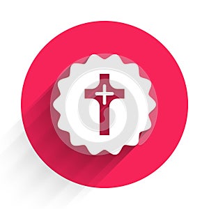 White Christian cross icon isolated with long shadow. Church cross. Red circle button. Vector