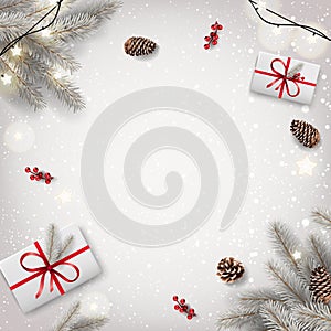 White Christmas background with fir branches, gift boxes, pine cones, garland of stars. Xmas and New Year theme.