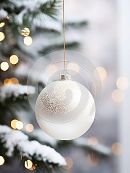 A white Christmas ball on a fir branch background