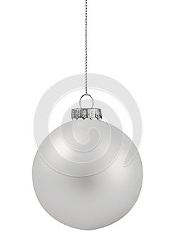 White christmas ball hanging on string, isolated on white