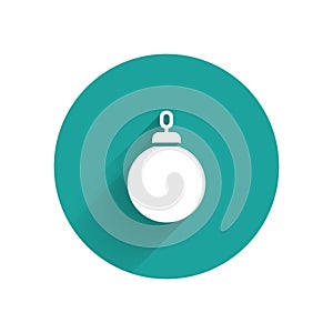 White Christmas ball icon isolated with long shadow. Merry Christmas and Happy New Year. Green circle button. Vector