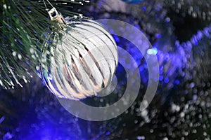 White christmas ball on spruce branch with snow and blue garland