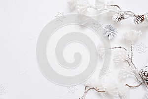 White Christmas border with cones, snowflakes and snown flowers. Xmas Wreath decoration with place for your text photo