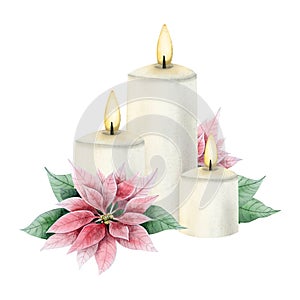 White Christmas burning candles with poinsettia flowers and leaves watercolor illustration for New Year holiday