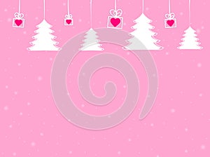 White christmas decorations with snowfall and pink hearts