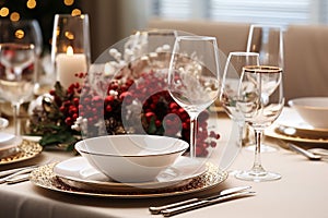 White Christmas family dinner table, with dish sets, bowl plate underplate, wine glasses, cutlery, red decoration in the