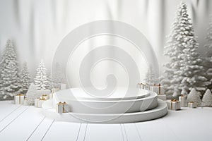 White Christmas Festive decoration with stair steps stage, gift boxes, snow pine trees on wooden floor and abstract background for