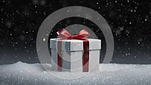 White Christmas Gift Box Red Ribbon Bow Glistening Snow Snowing Snowfall Black Background Loop