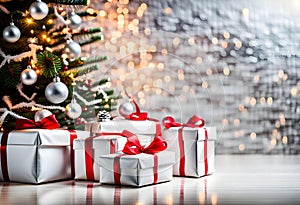 white christmas gift parcels under a tree decorated with matching baubles