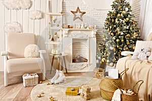 White Christmas interior. Beautiful Christmas tree, armchair, baskets, gifts, skates, stairs and other decoration